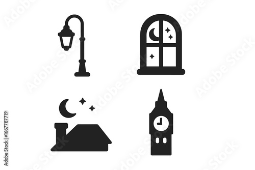 City at night solid icon set. Twilight urban scene symbols. Street lamp, window with moon, rooftop silhouette, and Big Ben clock tower. London travel glyph vector icons.