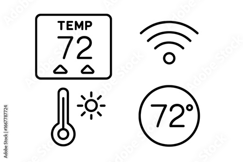 Smart home technology vector icons. Outline smart thermostat icon set with digital display, temperature regulation controls, wifi signal, thermometer, and heat cool symbols.