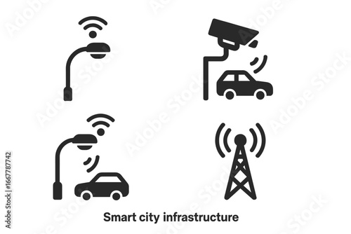 Smart city infrastructure icon set. Solid glyph icons for urban technology, including smart streetlights, traffic sensors, autonomous cars, and wireless communication towers. IoT.