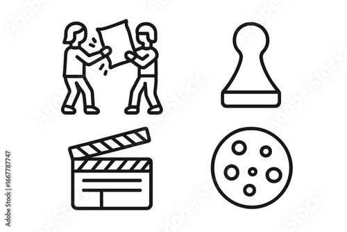 Pajama party line icon set. Sleepover activities vector collection. Pillow fight, board game pawn, movie night clapperboard and cookie snack simple outline symbols for web.