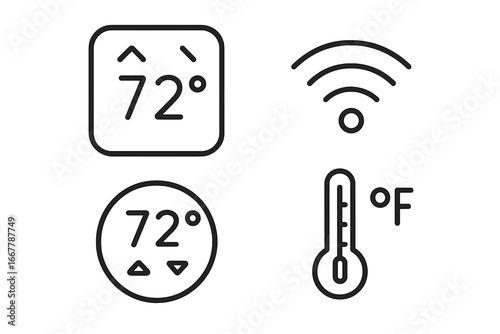 Smart thermostat vector icon set. Climate control, temperature, Wi-Fi, and HVAC system symbols. Smart home technology concept for UI UX design. Internet of things line icons.