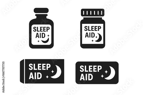 Sleeping aid icons vector set. Insomnia treatment, sleeping pills, medicine packaging concept. Pharmaceutical drug, melatonin supplement, sedative medication glyphs. Pharmacy bottle.