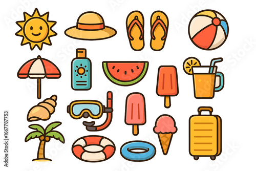 Summer beach icon set. Collection of flat cartoon vector illustrations for vacation and travel. Holiday symbols including sun, palm tree, ice cream, ball, hat, and suitcase.