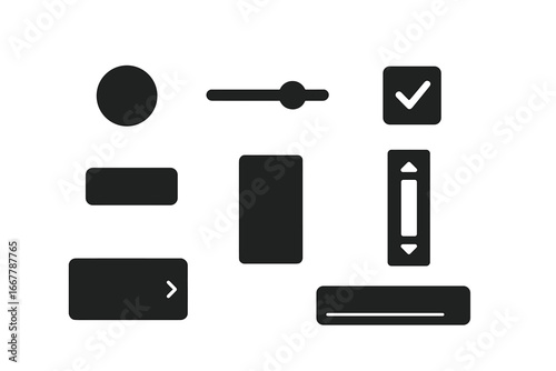 Solid glyph UI icon set. User interface design elements for web and mobile apps. Vector GUI kit with button, slider, checkbox, scroll bar, text input, and navigation icons.