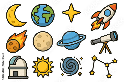 Space icon set vector collection. Cartoon astronomy objects. Cute planet Earth, moon, sun, star, rocket, galaxy, constellation, telescope, meteor, observatory illustration.