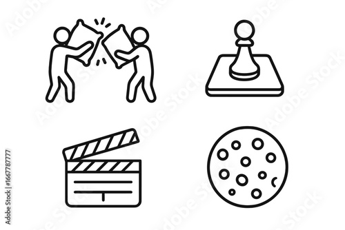 Pajama party outline icon set. Sleepover activities concept. Pillow fight, board game, movie night and cookie snack vector illustration. Friendship fun symbols collection.