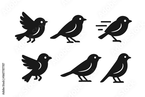 Small bird icon set. Vector glyph collection of cute simple birds flying, hopping, and standing. Minimalist animal character silhouette symbols for logos or web design.