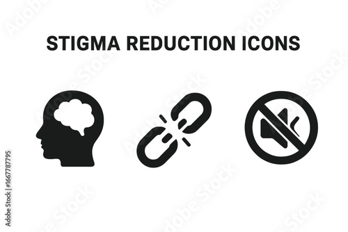 Stigma reduction vector icon set. Mental health awareness concept. Breaking stereotypes, freedom from prejudice. Open mind, broken chain, breaking silence symbols. Psychology.