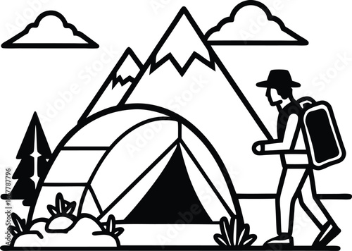 traveler camping with tent outline