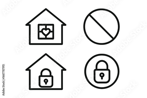 Pandemic lockdown icon set. Stay home concept. House with heart, padlock security symbol, and no entry sign. Quarantine, isolation and safety vector line illustration.