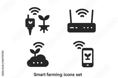 Smart farming icon set. Agriculture technology concept with solid glyph icons. IoT soil sensor, wireless connectivity, cloud data storage, and smartphone farm management app.