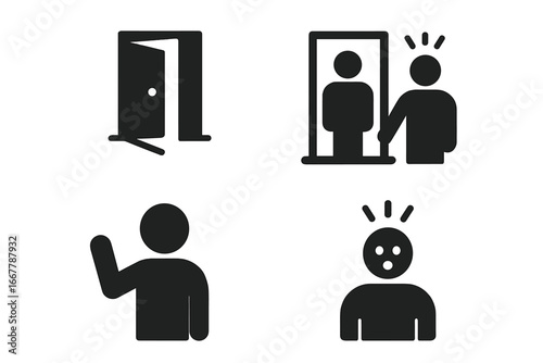 Unexpected encounter solid icon set. Surprise visit glyph icons. Person opening door, waving figure, startled expression. Meeting, greeting, shock vector symbols.