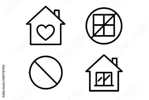 Stay home during pandemic lockdown. Quarantine icon collection. Self isolation and social distance concept. House with heart, no entry sign, closed window. Vector line icons.