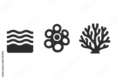 Underwater texture icon set. Solid glyph symbols of sea patterns. Vector collection of ocean elements. Wave, ripple, barnacle cluster, coral silhouette. Marine life icons.