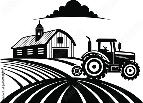 tractor working in field with barn in distance