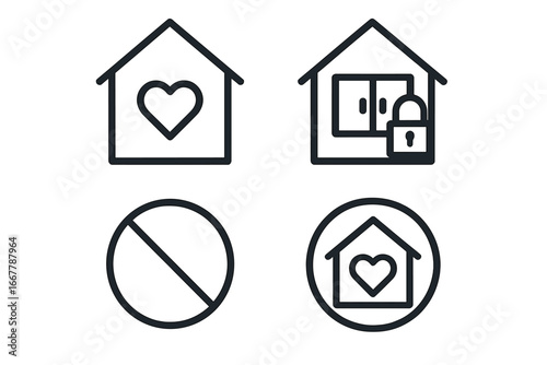 Pandemic lockdown icon set. Stay home, self-isolation, quarantine vector icons. House with heart, locked window, prohibition sign. Outline symbols for covid safety measures.