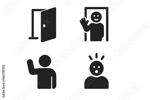 Surprise visit icon set. Unexpected guest at open door. Waving hello and shocked reaction pictograms. Vector glyph symbols for greetings, social encounters, and emotions.