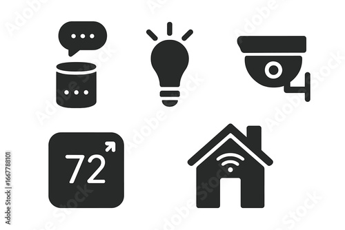 Smart home solid glyph icon set. Internet of Things (IoT) icons for home automation. Includes voice assistant, smart lightbulb, security camera, thermostat, and remote control.