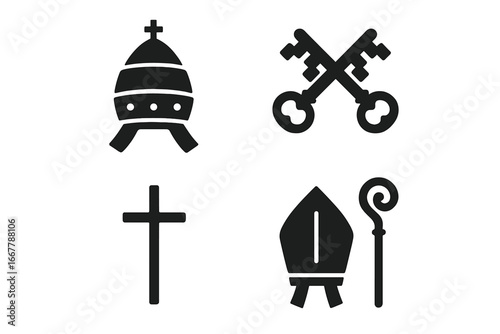 Papal symbols solid glyph icon set. Pope tiara, keys of St. Peter, cross, bishop mitre and staff. Catholic religious vector elements. Vatican authority and christianity concept.