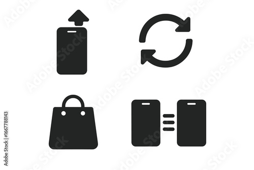 Phone upgrade and trade-in icon set. New smartphone purchase, data transfer, and specs comparison. Mobile device solid glyph icons for web, ui, ux and mobile app design.