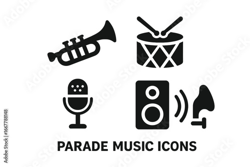 Music and sound solid glyph icon set. Concept for audio, instruments, and events. Vector symbols of trumpet, drum, microphone, and speaker horn for parade, band, or festival.
