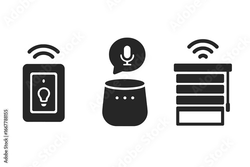 Smart home solid glyph icon set. Home automation concept vector illustrations. Internet of Things symbols. Smart light switch, voice assistant, automated blinds icons collection.