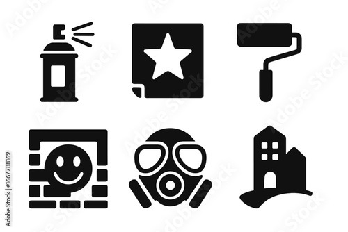 Urban art and graffiti solid icon set. Street art tools vector collection with spray can, stencil, paint roller, gas mask, mural on a wall and city building silhouette.