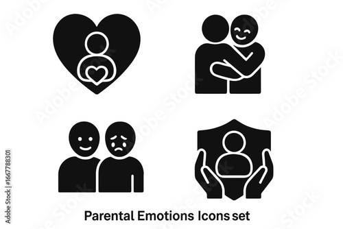 Parental emotions solid glyph icon set. Family love, child protection, and support concept. Vector pictograms of hug, empathy, care, heart, and safety shield for parenting.