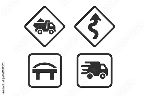 Truck and road signs icon set. Solid glyph pictograms for transportation and logistics. Dump truck, winding road, bridge, and fast delivery van vector symbols for traffic.
