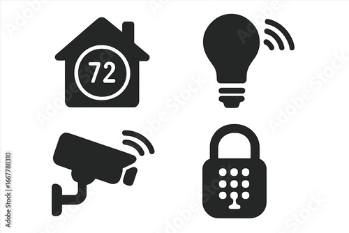 Smart home glyph icon set. Home automation concept vector. Smart house technology pictograms. Security camera, thermostat, smart lock and light bulb control symbols.