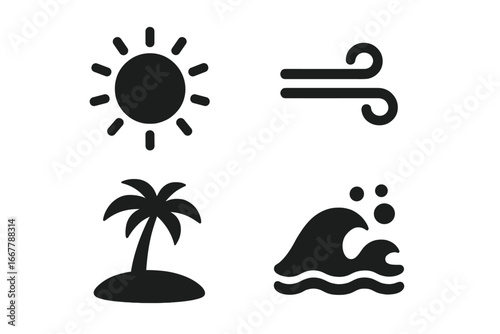 Tropical weather vector icon set. Simple solid glyphs of sun, wind, palm tree on island, and ocean wave. Summer beach vacation, travel, and climate concept symbols.