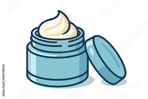 Skincare cosmetic cream jar. Beauty product container with open lid. Face moisturizer, lotion or body butter in pot. Vector cartoon illustration for cosmetology and dermatology.