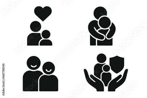 Parental love and care icon set. Family protection, support, and happiness symbols. Parent and child hug, heart, smile, and safety shield glyphs. Family insurance concept.