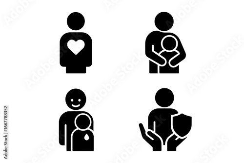 Parental emotions solid glyph icon set. Family care, love, support symbols. Parent hugging child, heart, empathy for tears, protective shield. Vector pictogram illustration.