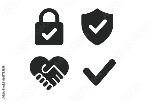 Trust vector icon set. Security, quality and guarantee symbols. Shield, lock with checkmark, heart handshake. Partnership and agreement sign. Reliability and protection concept.