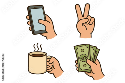 Set of vector hand gestures and daily activities. Holding smartphone, coffee mug, cash money and making peace sign. Modern lifestyle concepts like communication and payment.