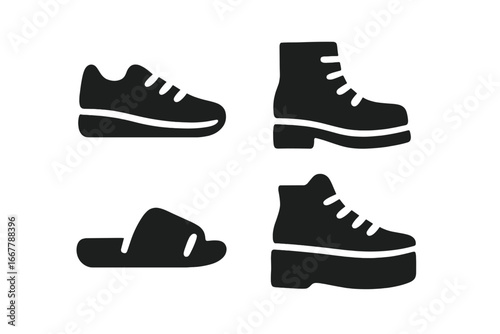 Urban footwear icon set. Solid glyph collection of fashion shoes. Vector silhouettes of sneaker, boot, slide, and platform shoe. Casual apparel graphic element for design.