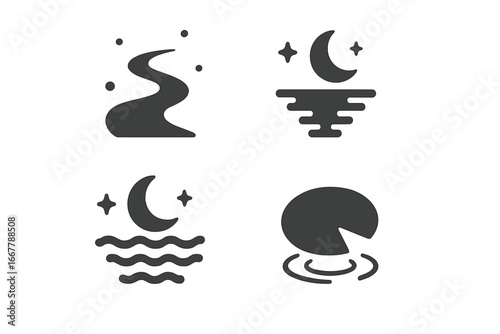 Night water icons set vector. Solid glyph collection of twilight nature elements. Moon reflection on calm river, moonlit sea waves, lily pad, and starry stream illustration.