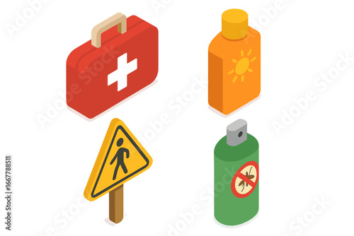 Park safety icons isometric flat vector set. First aid kit, sunscreen, insect repellent, pedestrian sign. Outdoor protection, summer care, emergency help, health and safety concept.
