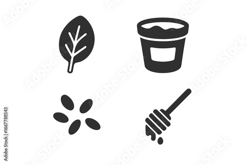 Smoothie ingredients icon set. Solid filled glyphs of spinach leaf, yogurt cup, chia seeds, honey dipper. Vector for healthy food, nutrition, recipe, diet, superfood, detox.