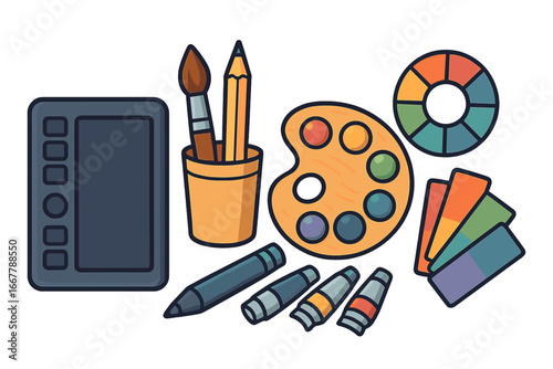 Graphic design and digital art tool set. Vector icon collection with tablet, stylus, brush, pencil, palette, color wheel, swatches. Creative artist supplies for illustration.