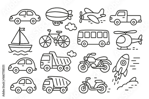 Transportation doodle icon set. Hand drawn vehicle collection with car, truck, plane, rocket, boat, and bicycle. Cute cartoon line art vector for kids coloring page.