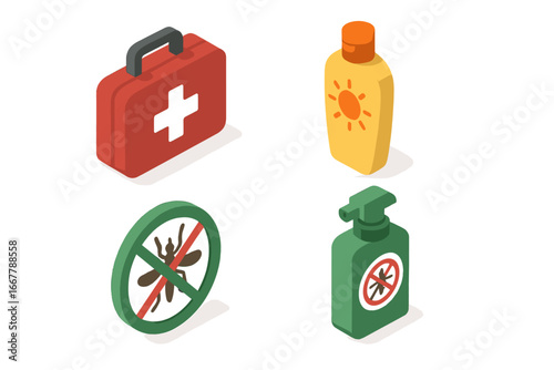 Park safety isometric icon set. First aid kit, sunscreen, and insect repellent. Outdoor summer vacation, camping and hiking essentials for health and protection. Vector graphic.