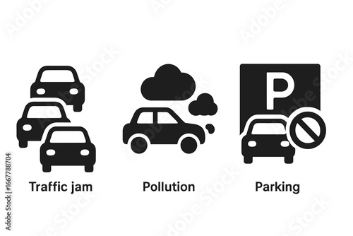 Urban mobility challenges icon set. Vector pictograms of traffic jam, car pollution and parking problems. Solid glyphs for city transport issues like congestion and parking shortage.