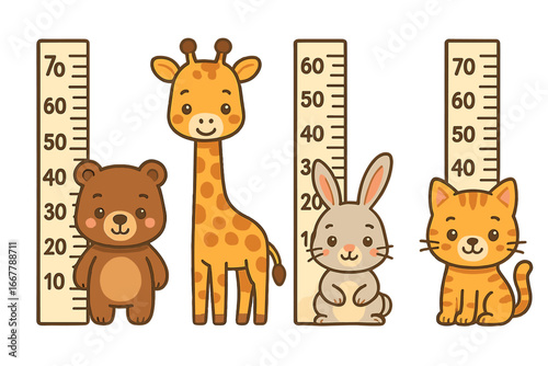 Cute animal height chart for kids. Cartoon vector illustration of a bear, giraffe, rabbit, and cat with a growth measurement ruler. Nursery wall decor meter for children's room.