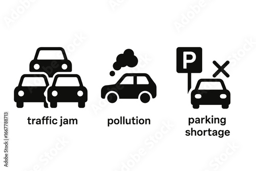Urban mobility challenges icon set. Vector graphic of traffic jam, car air pollution, and parking shortage. Solid filled icons illustrating city transport problems. Car pictogram.