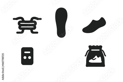 Sneaker accessory solid icon set. Footwear care and equipment symbols. Shoelace, lace lock, insole, no-show socks, and sneaker dust bag. Vector glyph illustration for design.