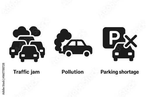 Urban mobility challenges icon set. Traffic jam, air pollution, parking shortage pictogram. City transport problem symbols. Car congestion, vehicle emission, no parking solid glyphs.