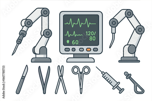 Advanced medical technology tools with robotic arms and surgical instruments for healthcare and modern surgery applications, vector cartoon illustration