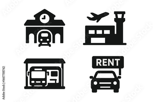 Urban mobility and public transport icon set. Solid glyphs of a train station, airport terminal, bus depot, and car rental service. Vector symbols for travel, city life, and transportation.